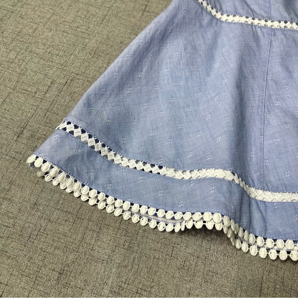 White House Black Market Chambray Blue Soft Skirt Embroidered Trim 6 - Picture 5 of 9